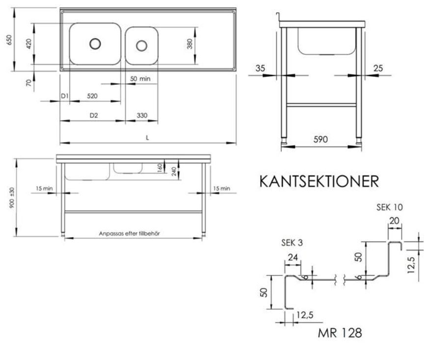 Rostfri diskbänk (3200x650xH900) mm - Bild 2